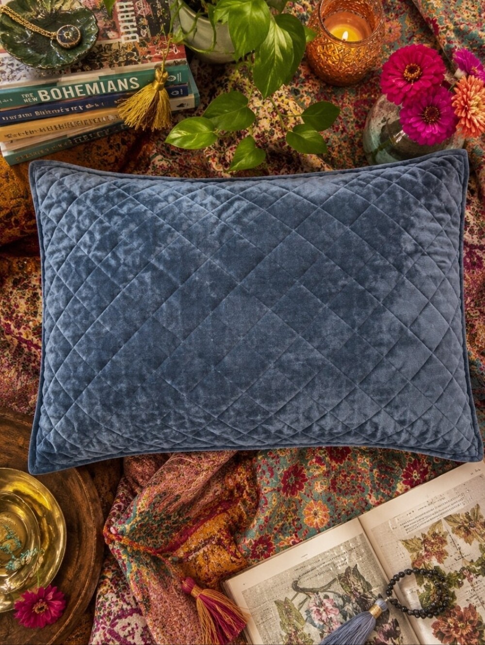 4/$15 Threshold Velvet-Look Quilted Diamond Standard Pillow Sham Blue Gray